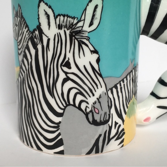 Zebra Mug Neck Handle Black White Green Ceramic Vintage 1988 Five and Dime Cup - Picture 3 of 15